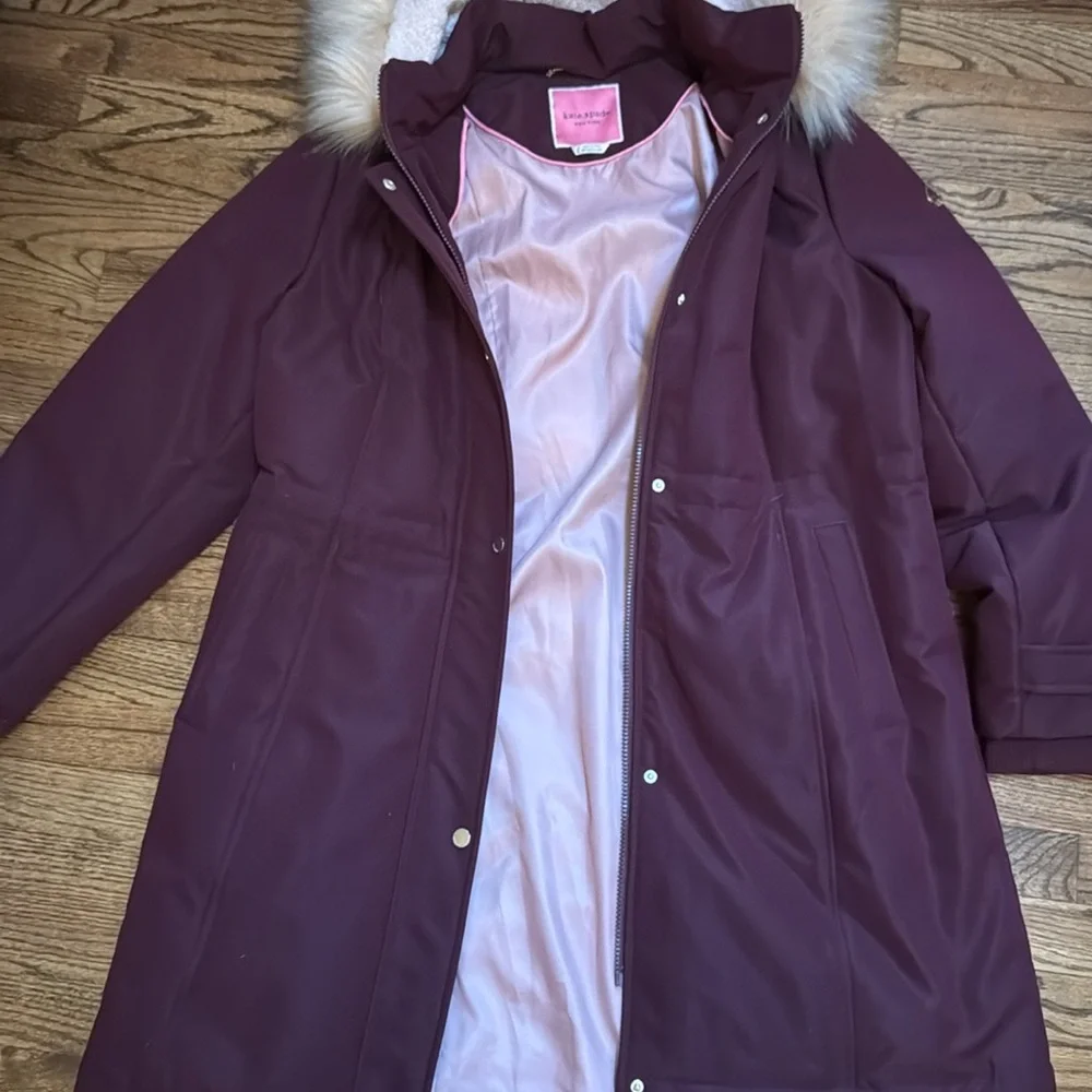 Kate Spade Maroon Down Winter Puffer Coat Jacket Fur Hood XL - Picture 5 of 5